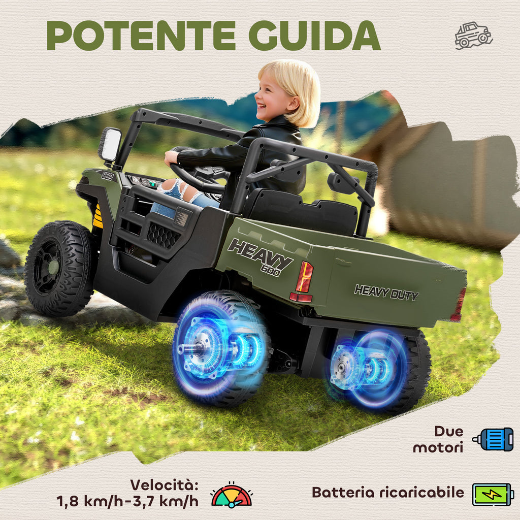 UTV Heavy Duty 600 Elettrico per Bambini – Doppio Motore 12V con Letto Ribaltabile e Telecomando