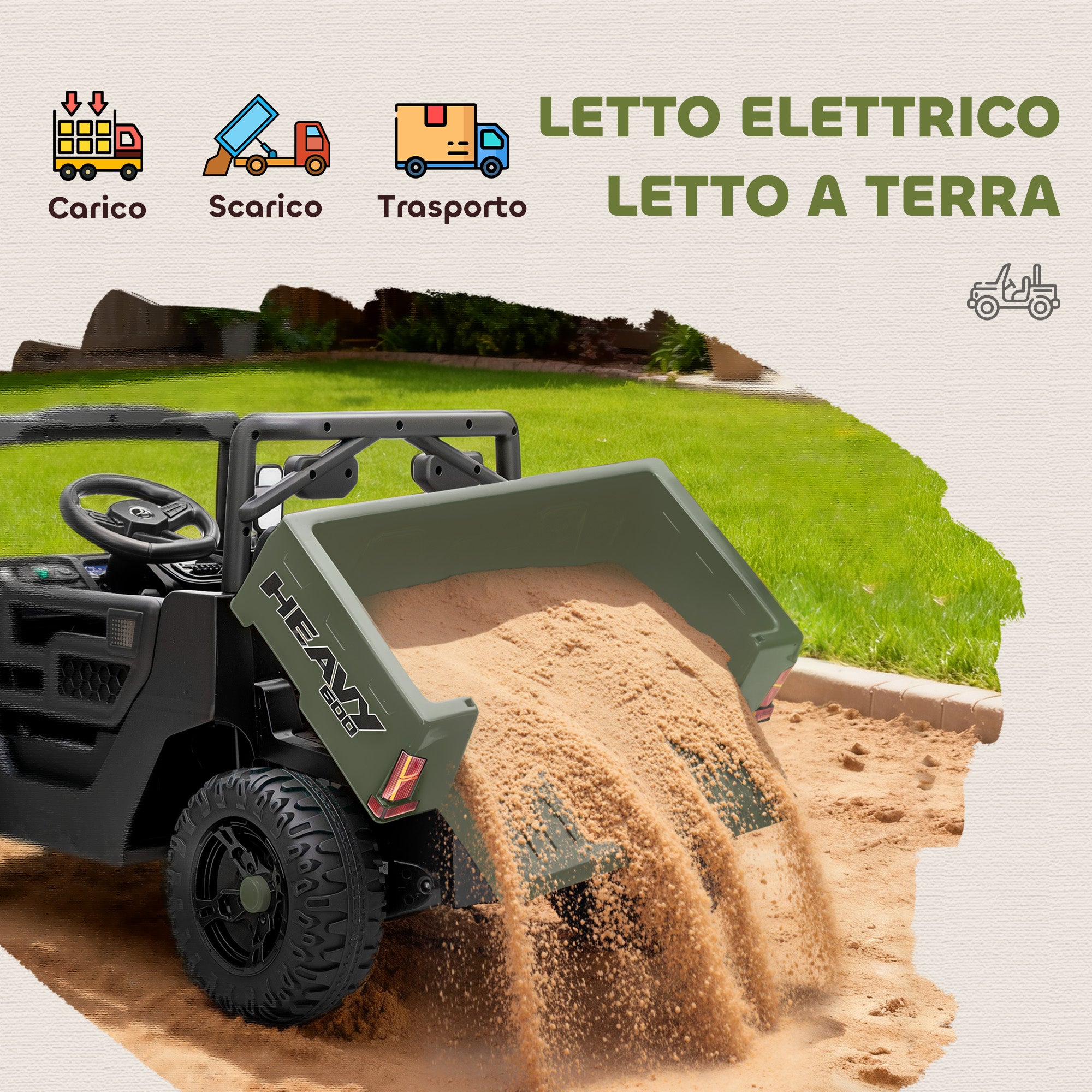 UTV Heavy Duty 600 Elettrico per Bambini – Doppio Motore 12V con Letto Ribaltabile e Telecomando