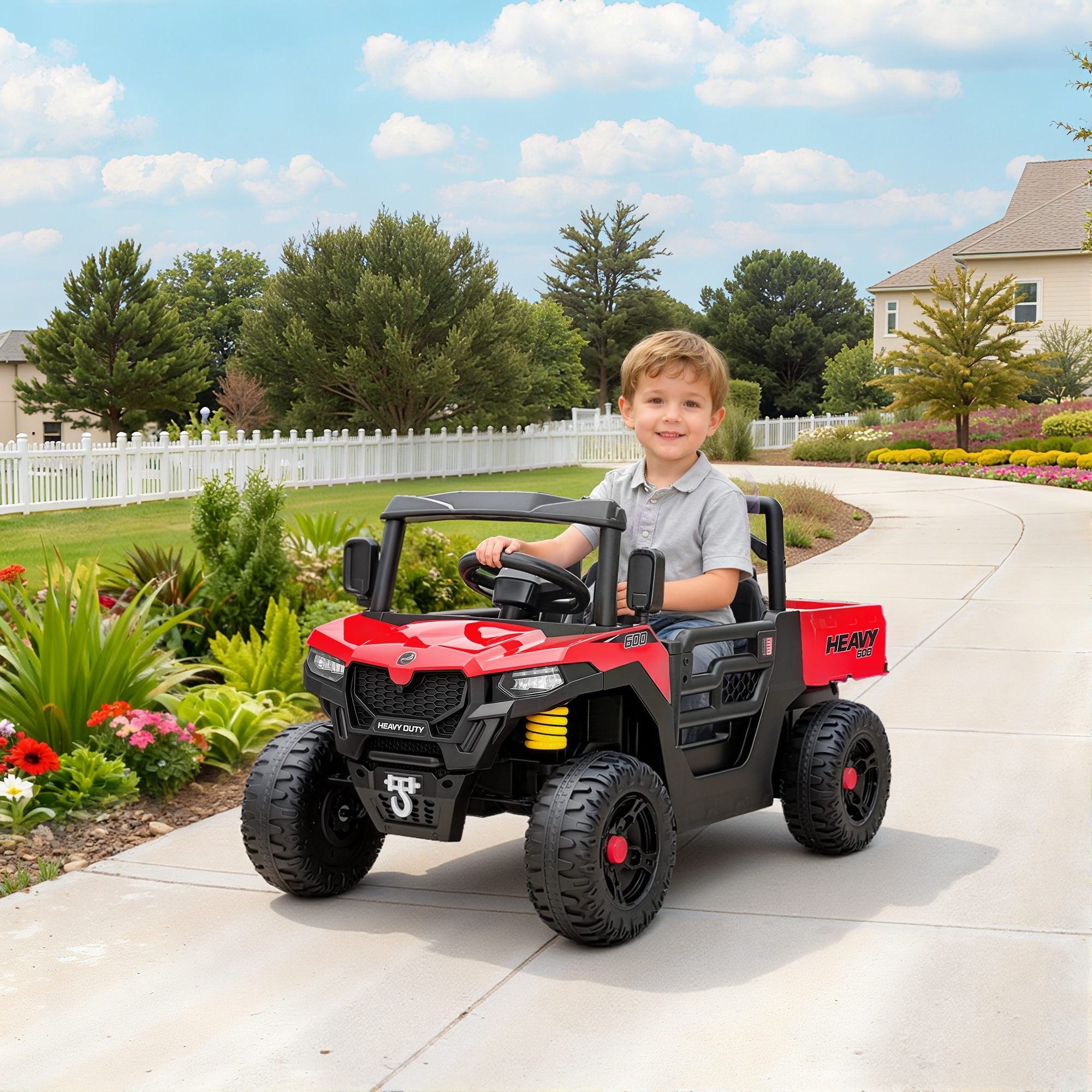 Bambino alla guida dell'UTV Heavy Duty nel giardino