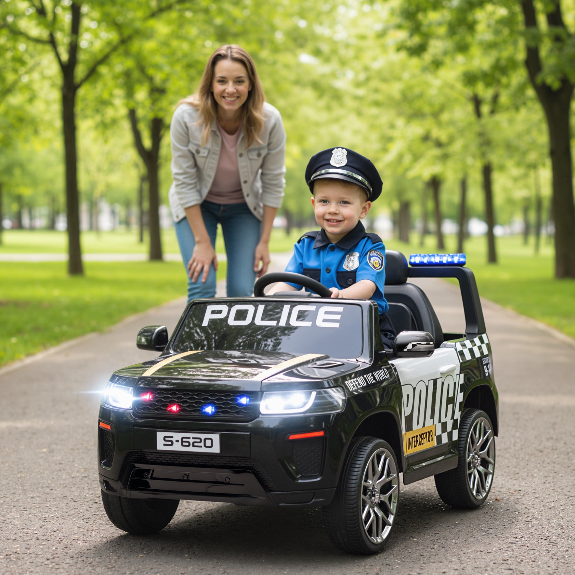 Auto Elettrica Polizia Nera S-620 per Bambini – SUV con Luci e Sirena