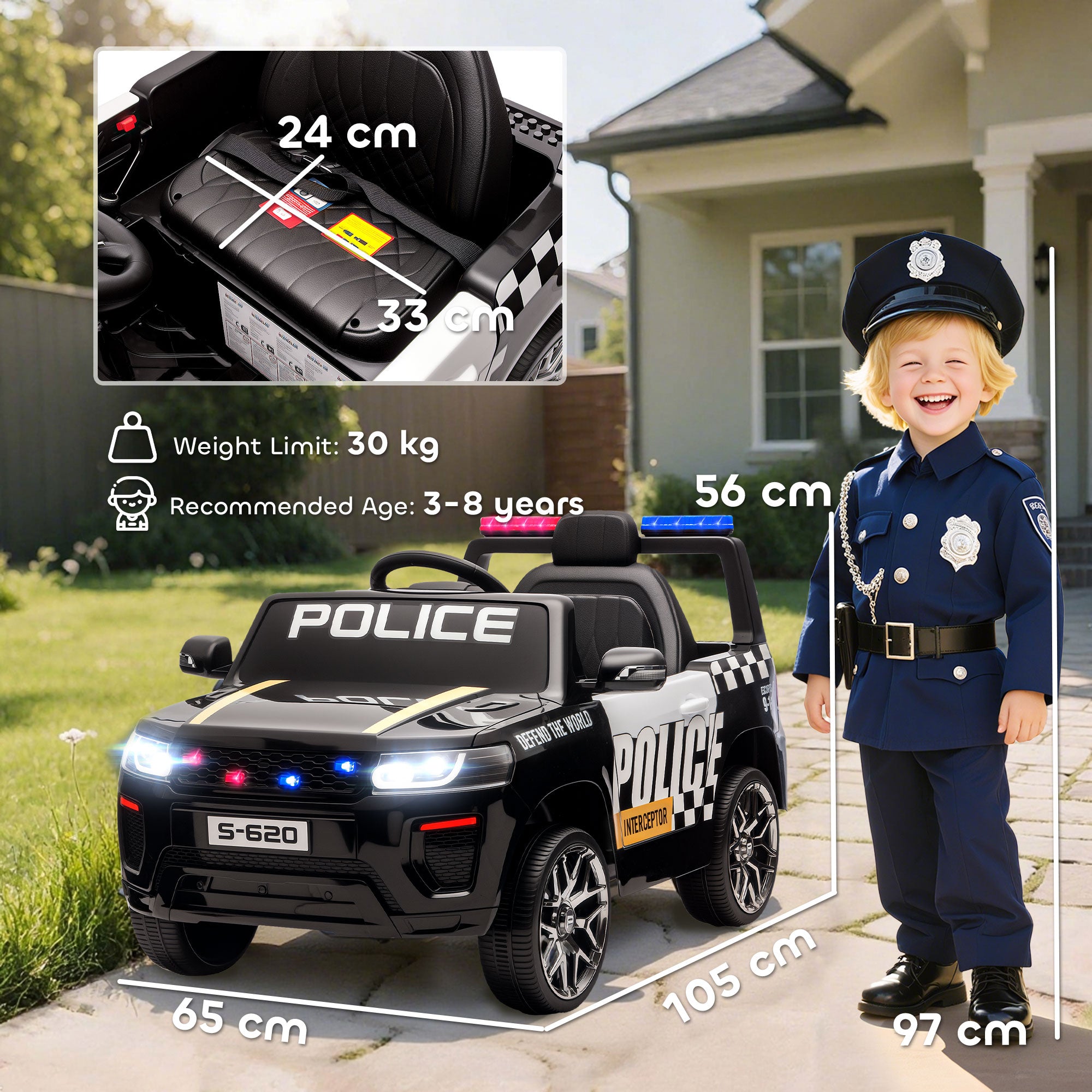 Auto Elettrica Polizia Nera S-620 per Bambini – SUV con Luci e Sirena