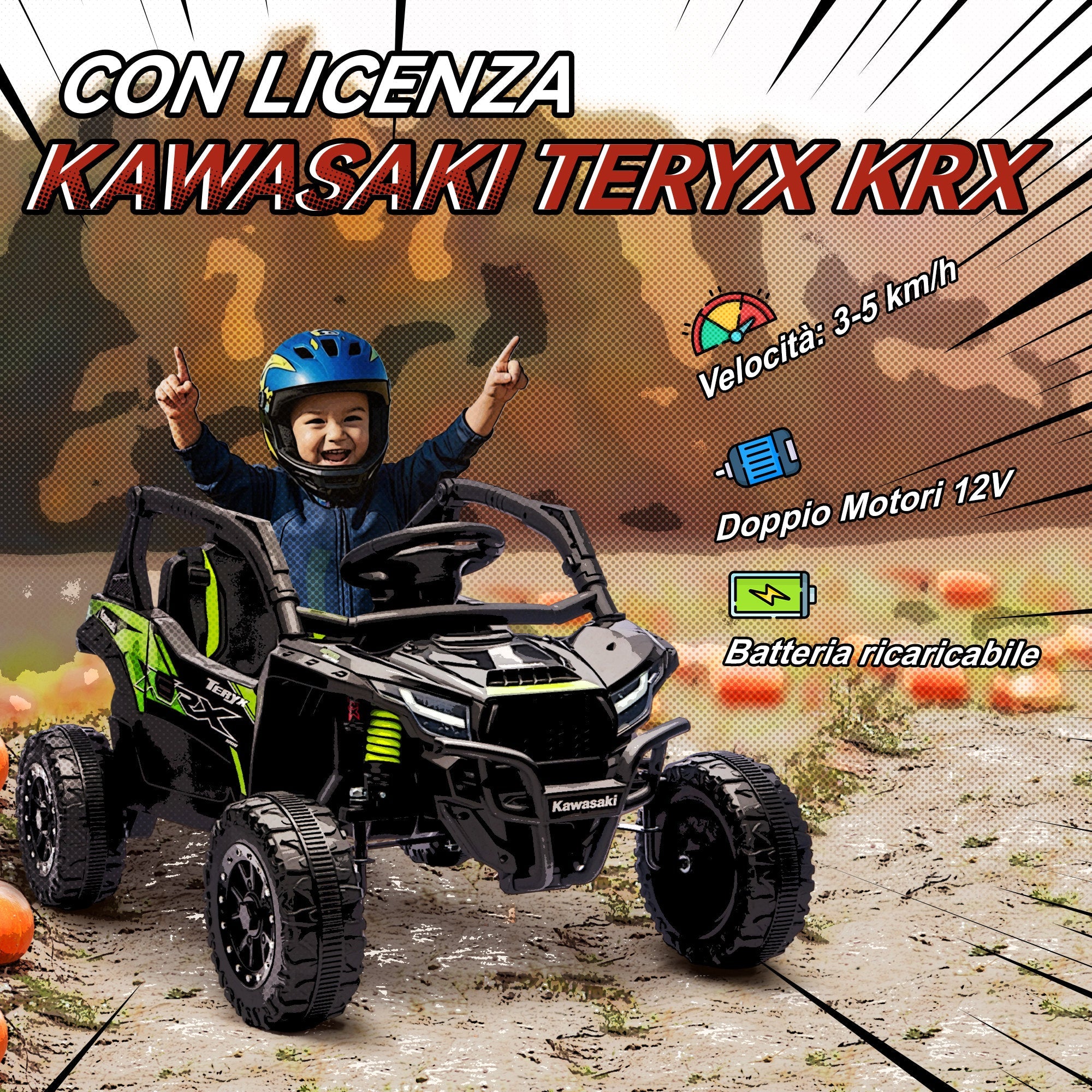 Kawasaki Teryx KRX - licenza ufficiale doppio motore 12V velocità 3-5 km/h