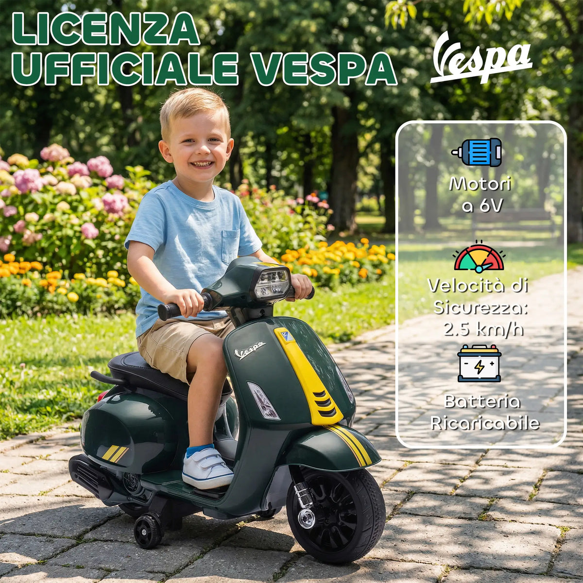 Vespa elettrica – Licenza ufficiale Vespa, motore 6V, 2.5 km/h